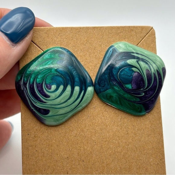 Vintage Large Square Green, Blue and Purple Enamel Swirl Painted Stud Earrings - Picture 6 of 6